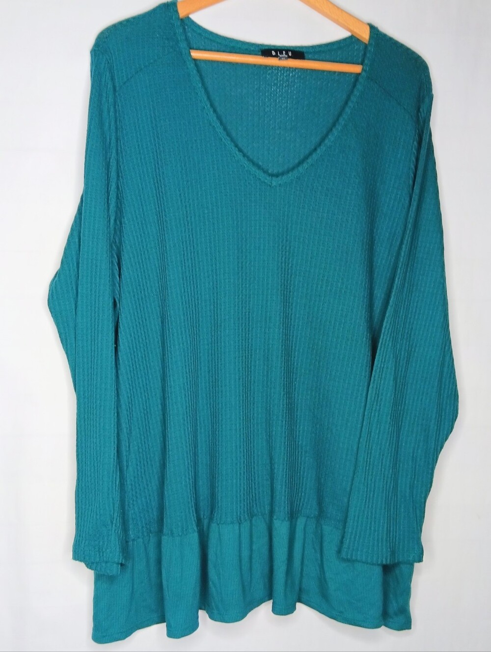 B.L.E.U 1XL Tunic Top Teal Long Sleeve Waffle Knit Stretch